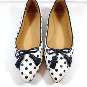 Talbots Ballet Flats 8.5M White Navy Polka Dot Pointed Toe Bow Tassel Preppy